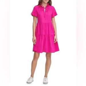 DKNY Magenta Pink Ruffle String Tie Tiered Short Sleeve Girly Mini Shift Dress 0